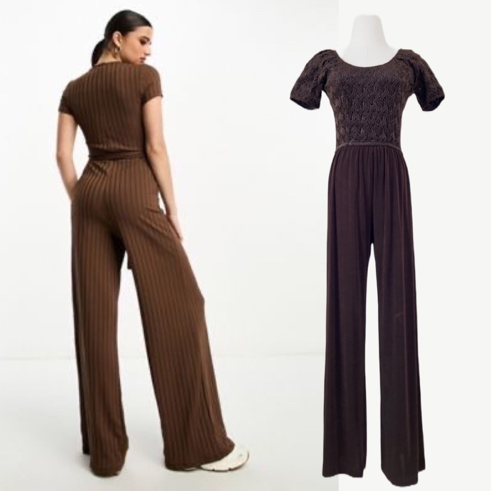 Vintage jumpsuit brown wide leg loose t-shirt bodycon fit flare scoop neckline